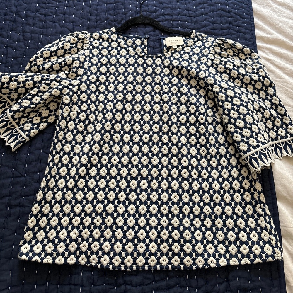 EUC Sezane blue and white embroidered blouse, 38